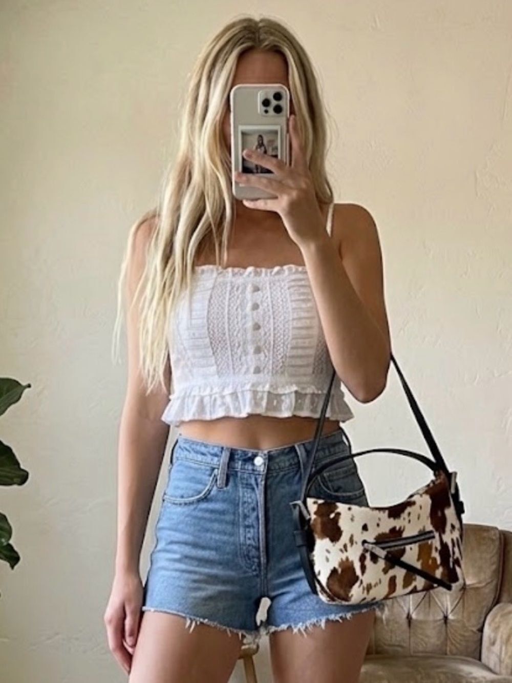 American Eagle White Smocked Lace Button Front Cropped Cami Bandeau Large Boho